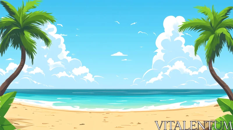 AI ART Tropical Beach with Palm Trees and Ocean