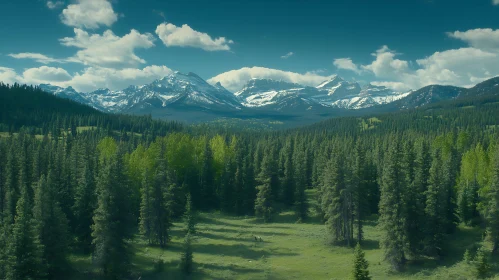 Snowy Peaks and Green Forest Vista