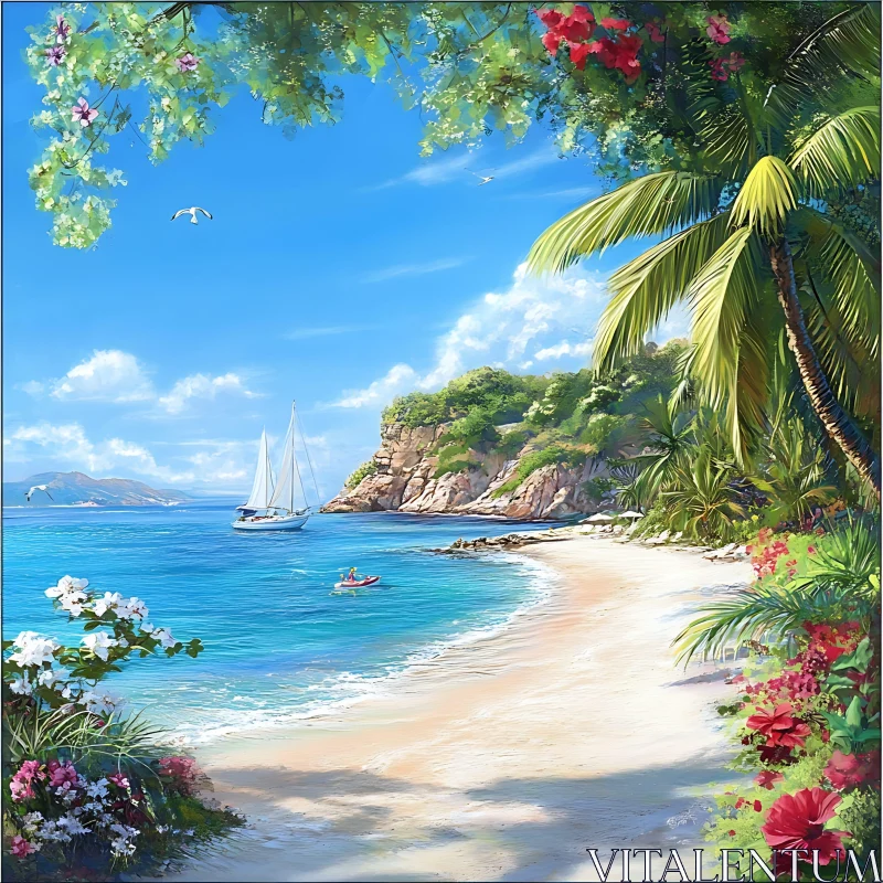 Idyllic Tropical Beach with Sailboat AI Image