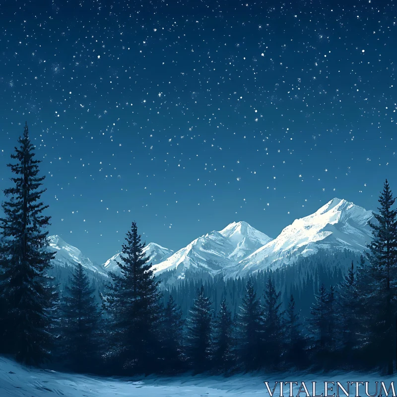 Snowy Mountains Under Starry Night Sky AI Image