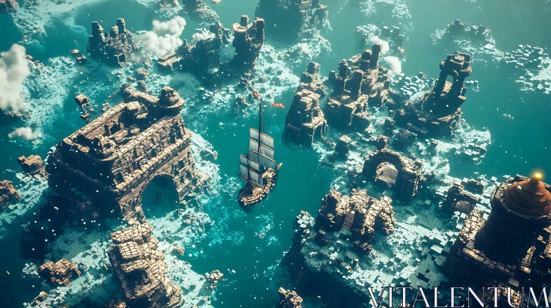 Submerged City with Sailing Ship AI Image