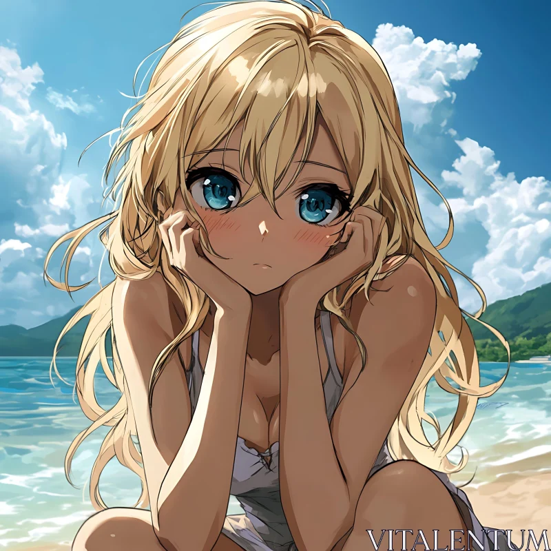 Contemplative Anime Girl Sitting by the Ocean AI Image