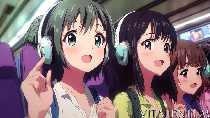 Animated Scene of Girls Listening to Music AI Image