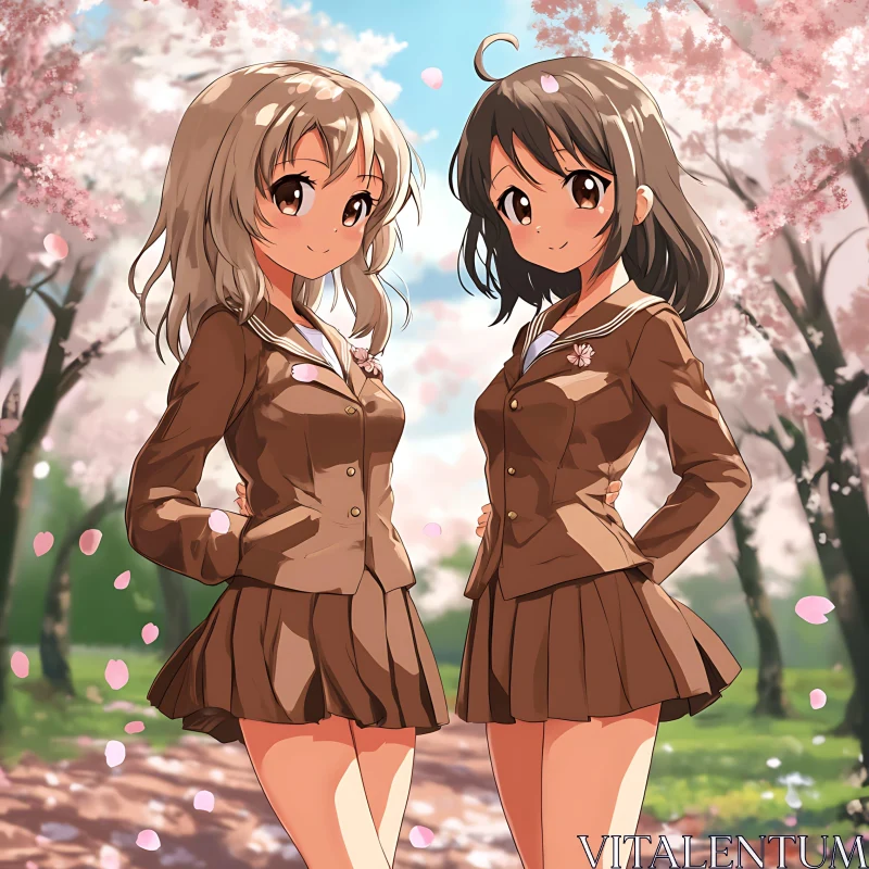 Anime Girls in Cherry Blossom Garden AI Image