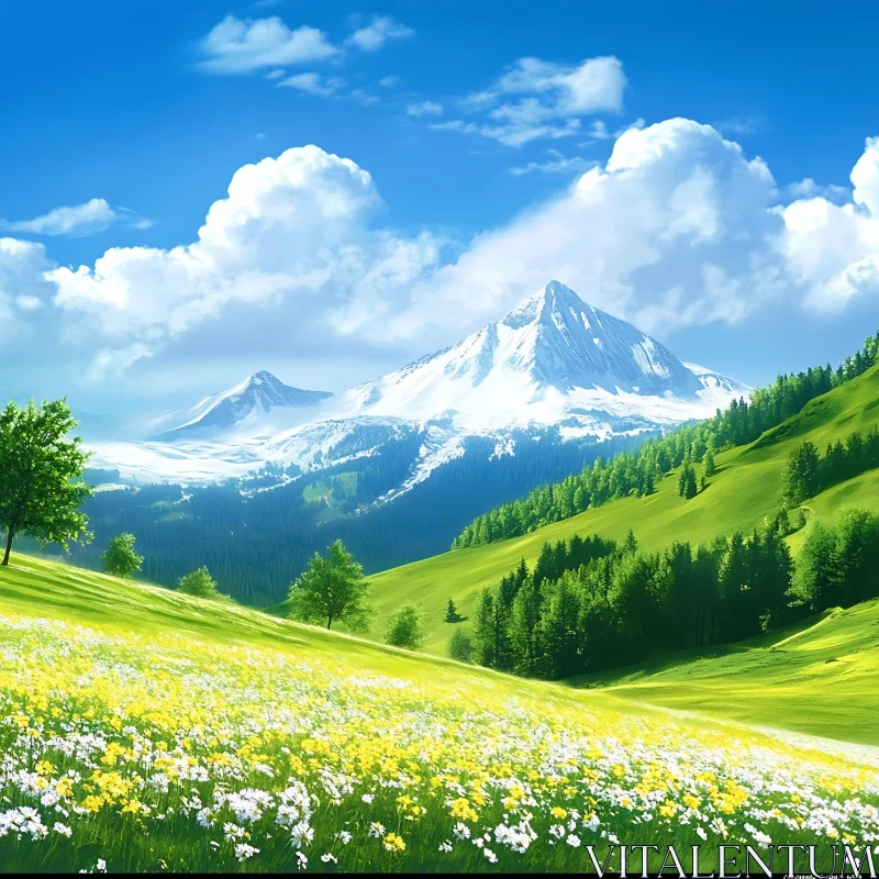 Mountain View with Green Meadow AI Image