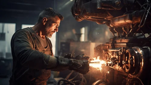 Industrial Workshop Scene with Man and Flames