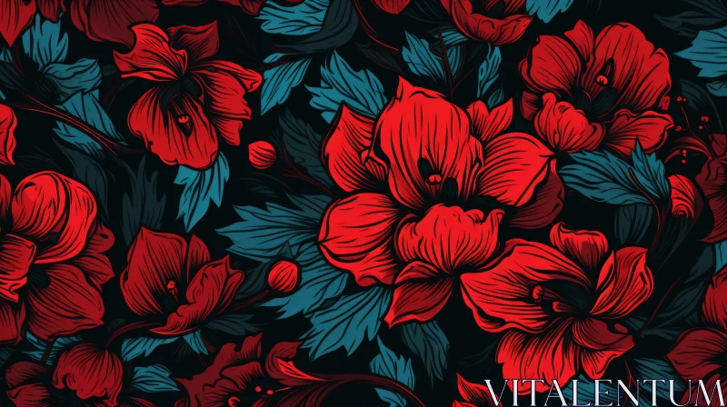 AI ART Luminous Red Floral Pattern on Dark Background