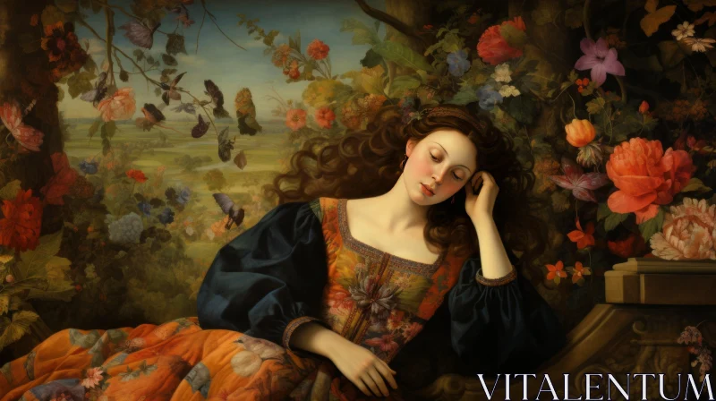 Sleeping Woman in Harmony with Nature - A Pastoral Nostalgia Painting AI Image