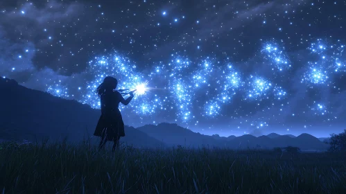 Celestial Symphony: Violinist in Starry Field