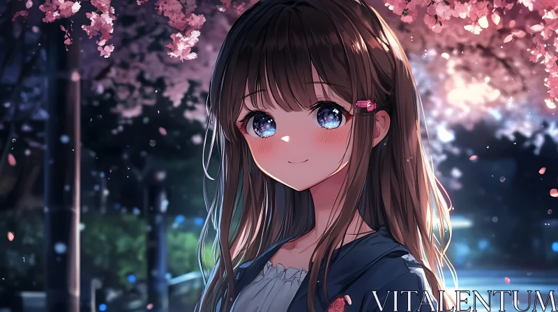 Anime Girl with Cherry Blossoms at Night AI Image