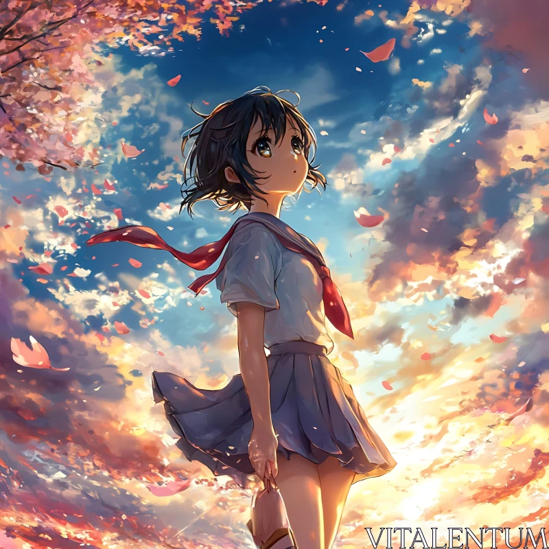 School Girl and Cherry Blossoms at Sunset AI Image