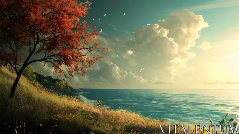 AI ART Coastal View with Autumn Tree