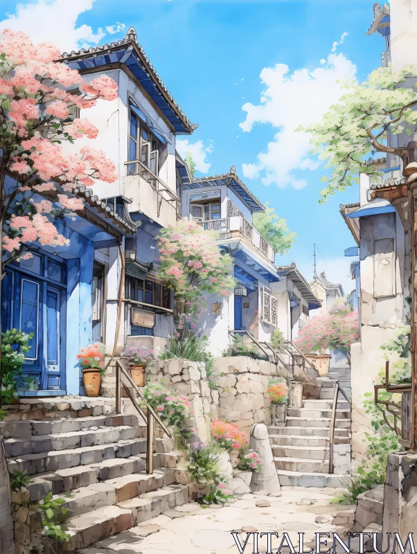 AI ART Picturesque Street Lined with Stone Steps and Blossoms