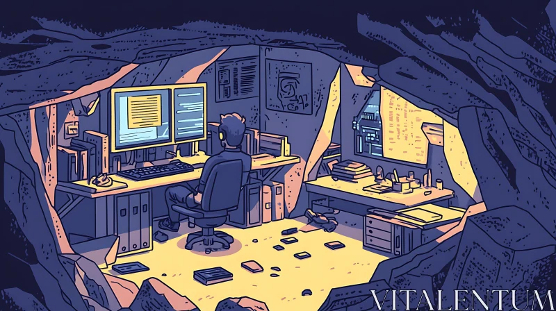 AI ART Cave Coder's Cyberpunk Workplace