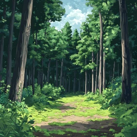 Serene Woodland Path with Tall Trees and Sunlight