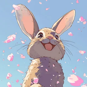 Smiling Rabbit with Falling Flower Petals