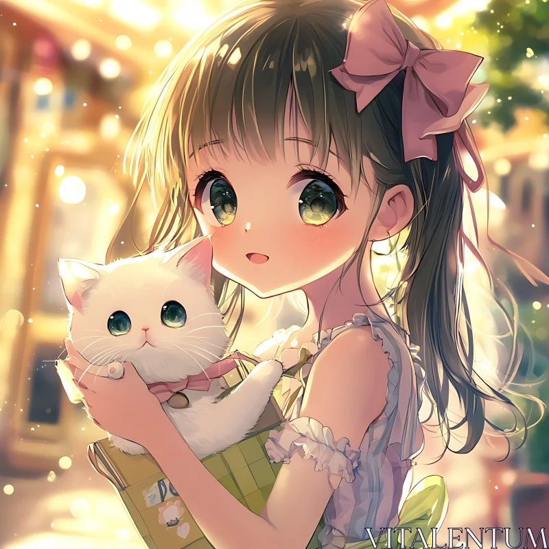 Adorable Anime Girl with Fluffy White Cat AI Image