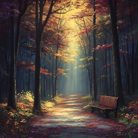 Autumn Forest Path with Sunlight and Bench