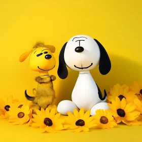 Animated Dog Figures with Sunflowers