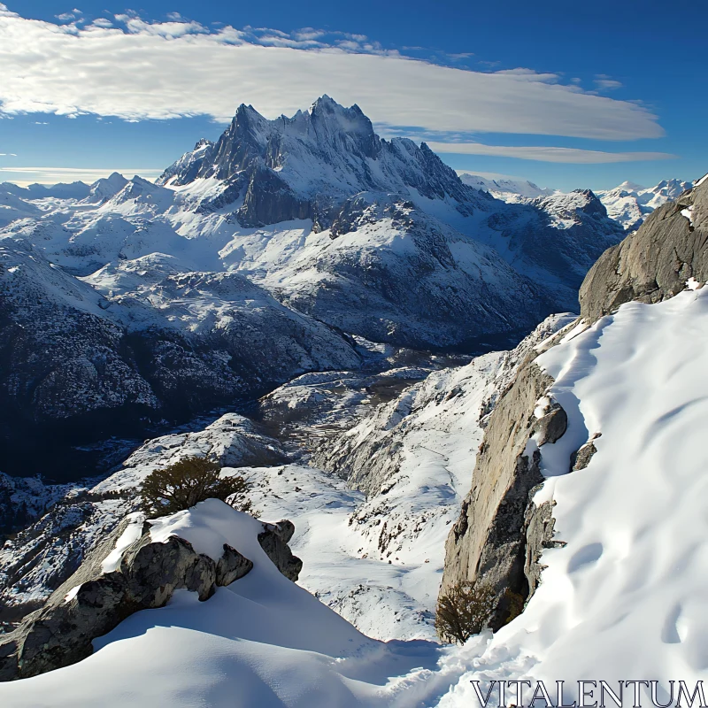 AI ART Winter Mountain Scene with Snow-Covered Peaks