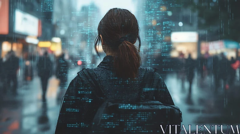 Woman Walking in Rainy City Street AI Image