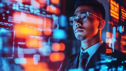 Man Analyzing Data on Neon Screen