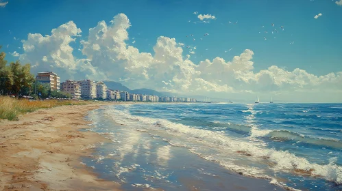 Coastal Beach with Waves and Clouds