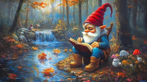 Forest Gnome Writing By Stream