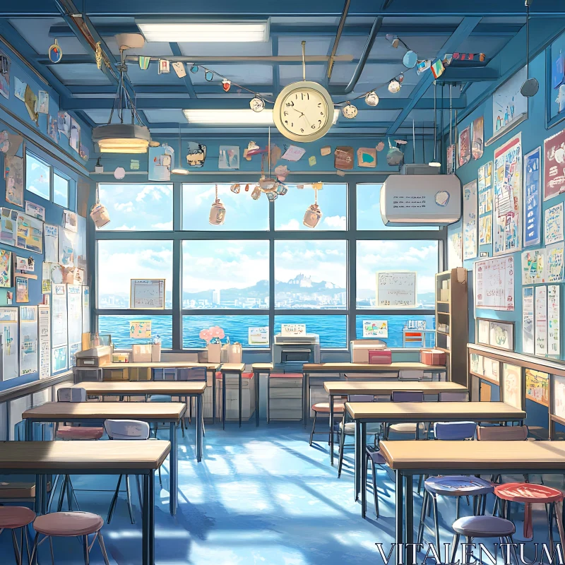 Sunlit Classroom Overlooking Ocean AI Image