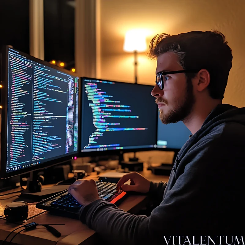 Man Coding on Dual Monitors AI Image