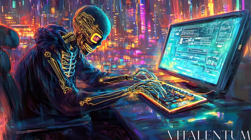 Skeleton Hacker in the Neon Cityscape AI Image