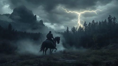 Horse Rider in Forest During Lightning Strike