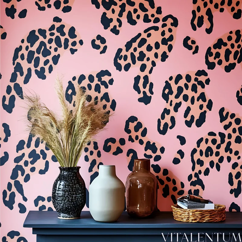 Stylish Interior with Vases and Patterned Wall AI Image