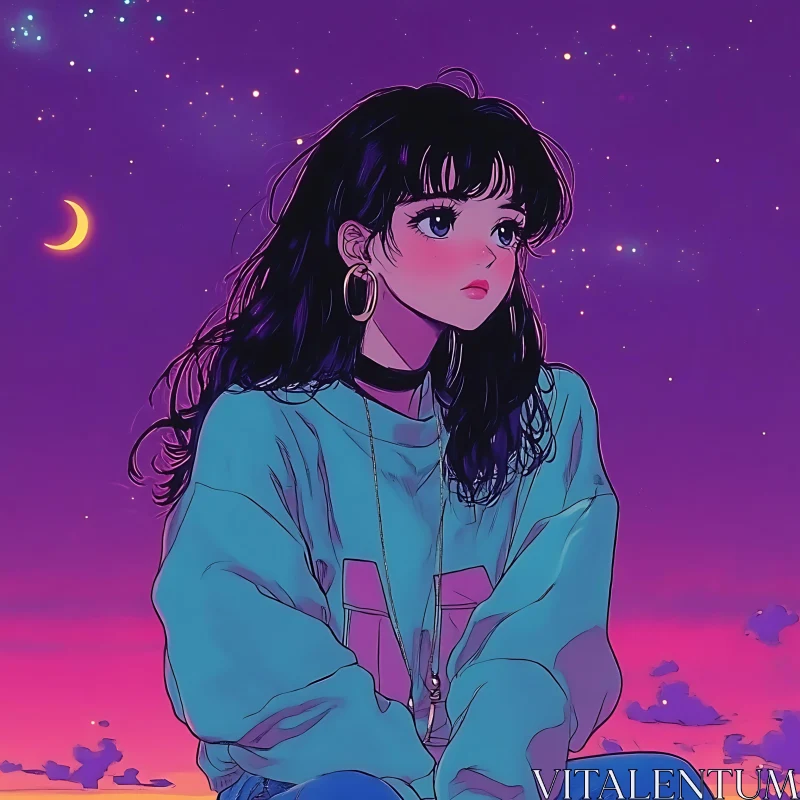 Contemplative Anime Girl with Crescent Moon AI Image