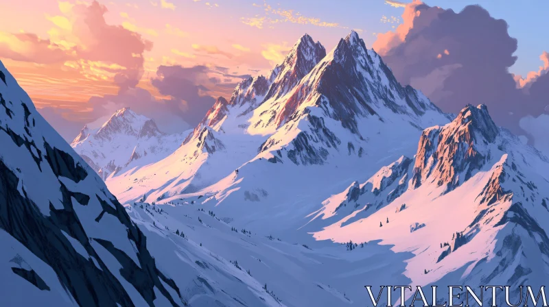 AI ART Snowy Mountain Peaks at Sunset