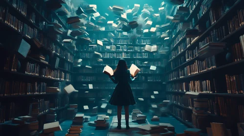 Woman in Library Surrounded by Floating Books