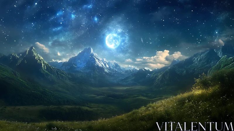 AI ART Starlit Mountain Landscape with Glowing Moon