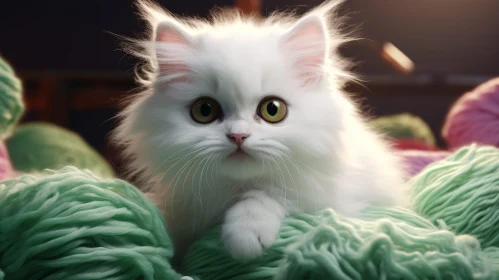 Cute Fluffy White Kitten Surrounded by Yarn