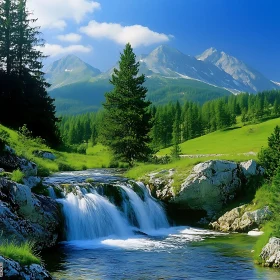 Picturesque Waterfall and Mountain View