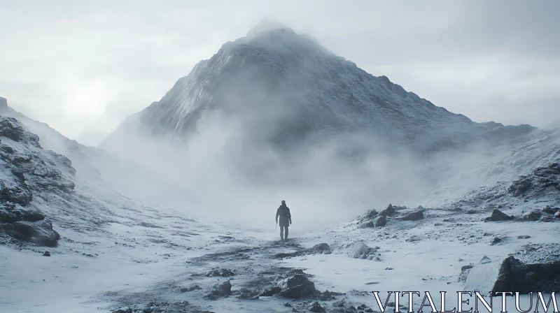 Lone Walker in Snowy Mountain Landscape AI Image