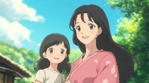 Anime Mother and Daughter on a Sunny Day