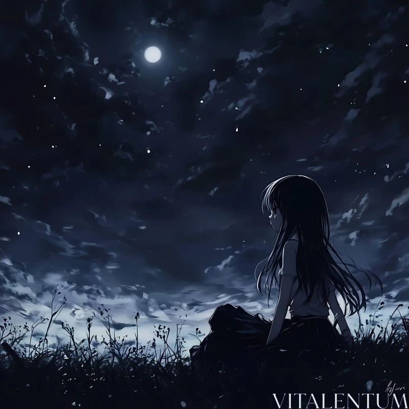 Serene Anime Night Scene with Silhouette AI Image