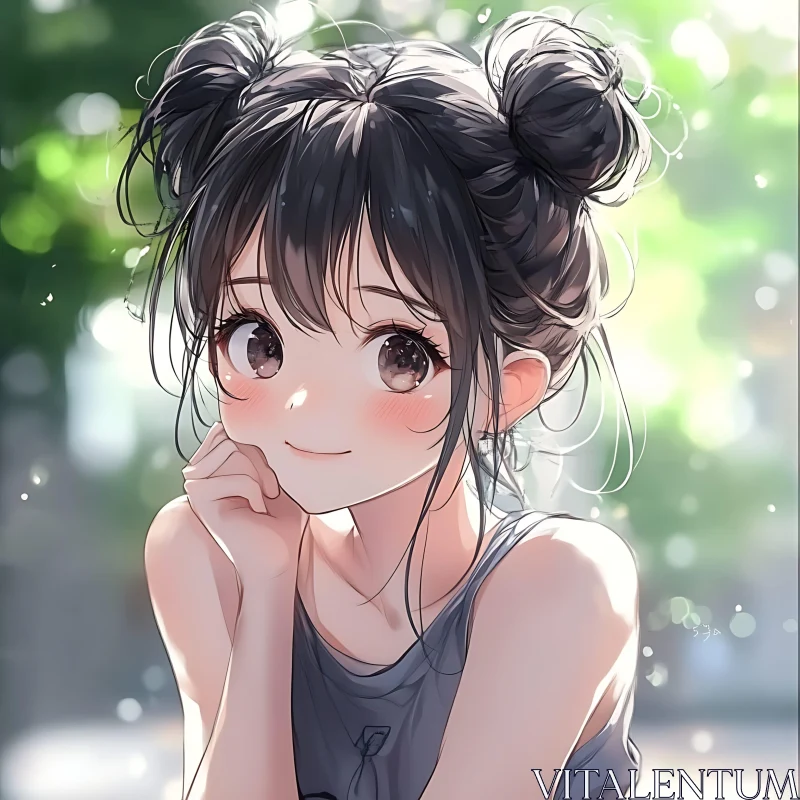 Anime Girl with Buns and Gentle Smile AI Image