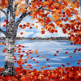 Birch Tree by the Lake in Autumn
