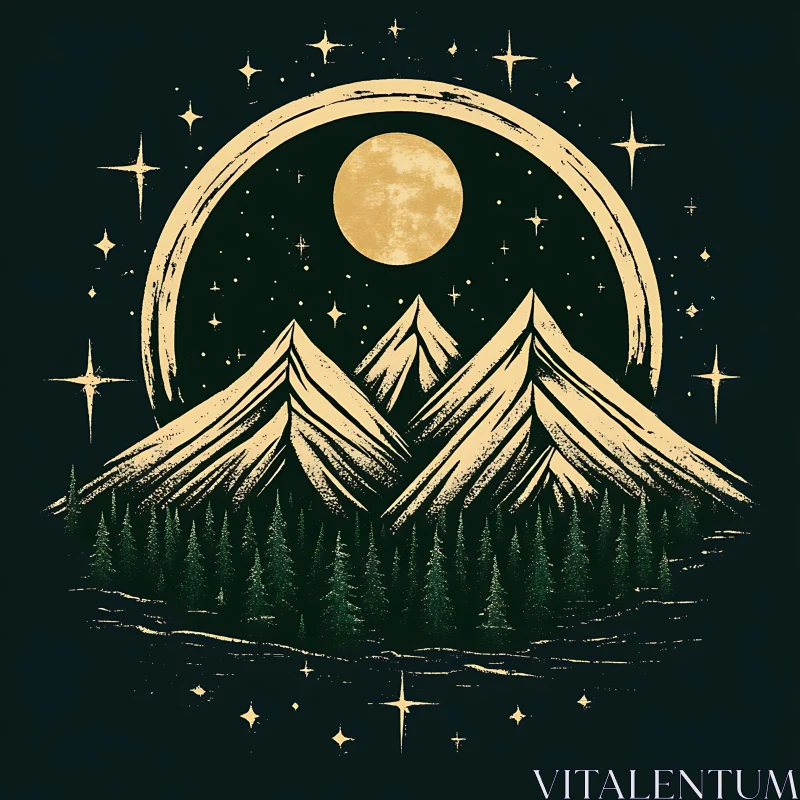 Scenic Mountain Range Under Moonlight Illustration AI Image