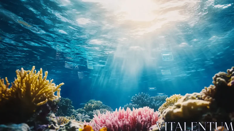 Sunlit Coral Reef with Digital Screens AI Image