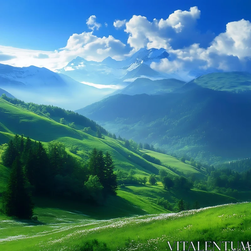 AI ART Lush Green Hills Under Mountain Peaks