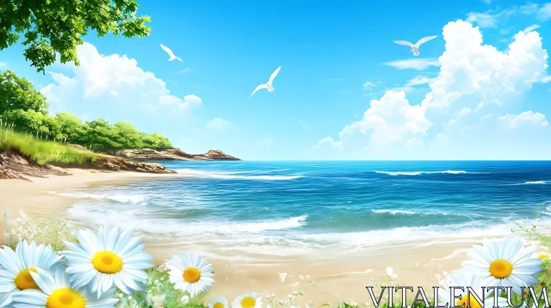 AI ART Coastal Tranquility with Daisies