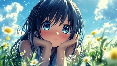 Anime Girl with Expressive Eyes in Flower Field