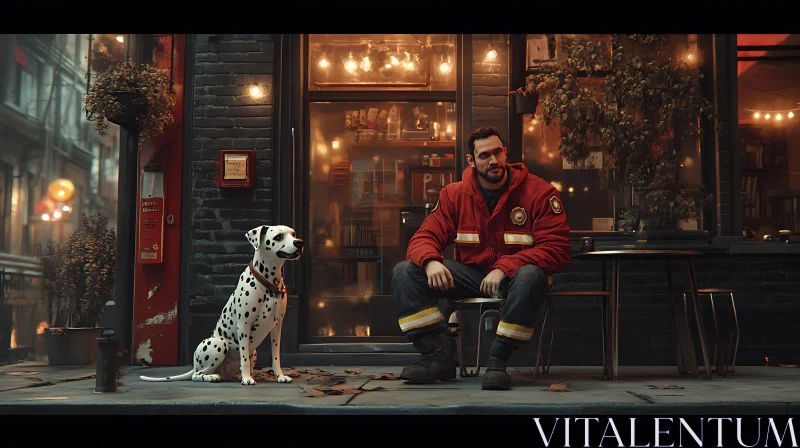 AI ART Firefighter and Dalmatian at Evening Cafe